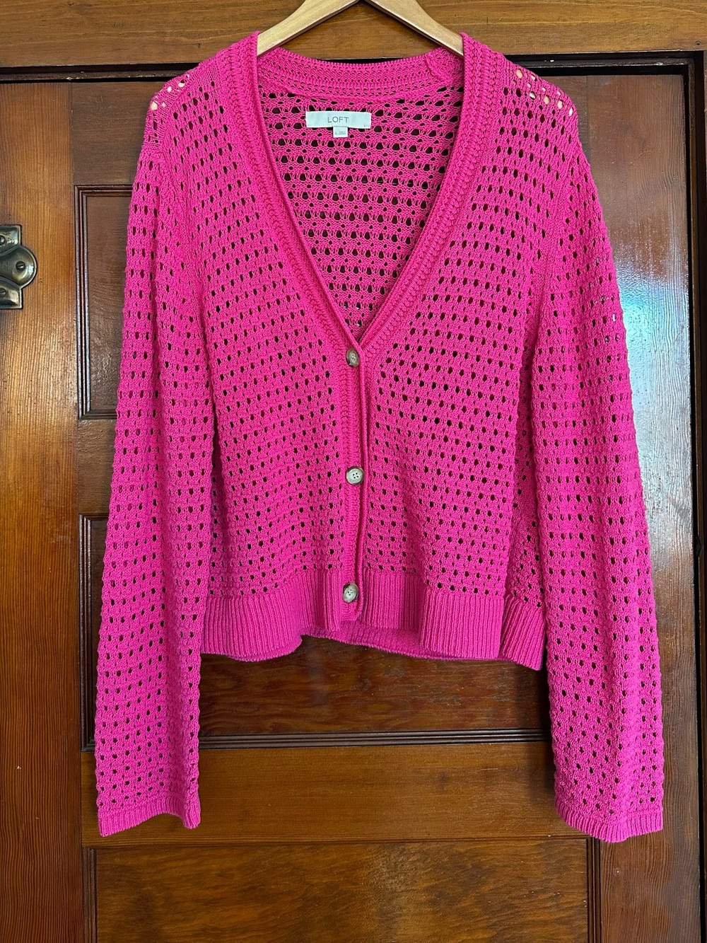 LOFT Pink Open Stitch Crochet Knit V-Neck Button Front Cardigan Sweater Size XL